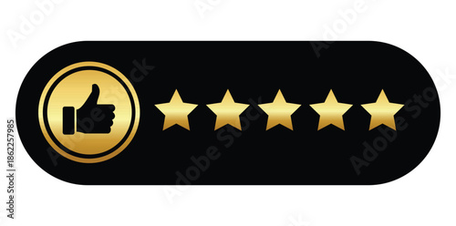 A gold rating symbol with a thumbs up and five stars on a black background