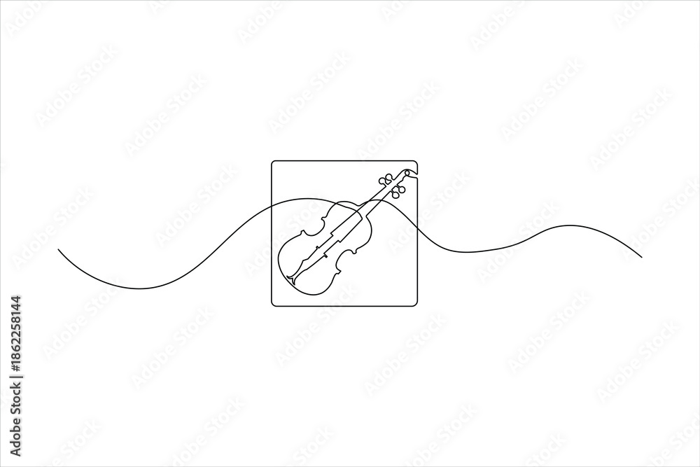 Obraz premium Minimalist one-line art of an abstract violin silhouette on a wavy path, perfect for music logos, classical concert posters, and elegant web design.