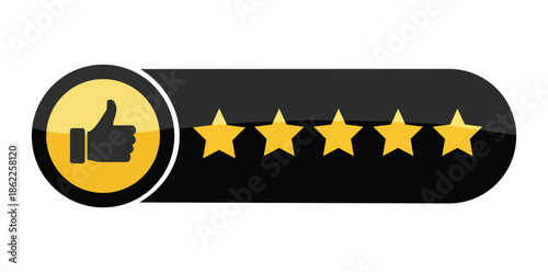 A graphic illustration of a five-star rating with a thumbs up icon
