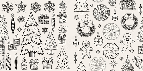 A charming collection of hand drawn christmas elements and festive holiday decorations