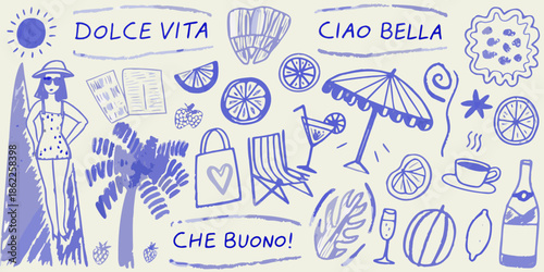 Italian summer doodles sketches of travel food and a relaxed lifestyle