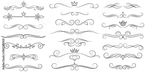 A collection of elegant black line art designs featuring floral patterns, crowns, and swirling motifs on a white background.