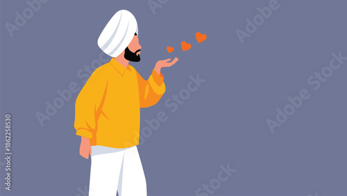 A sikh man in traditional attire joyfully catches floating orange hearts with an open palm expressing affection
