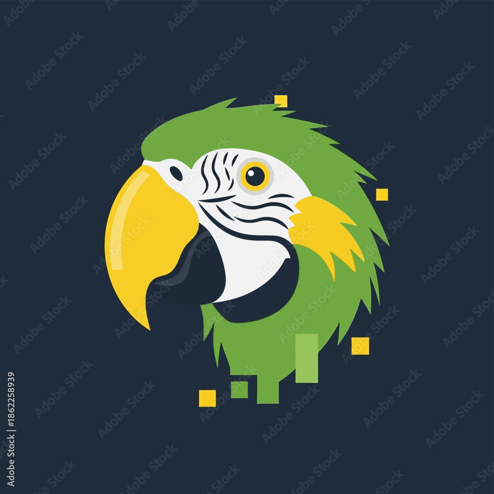 Fototapeta premium Stylized vector illustration of a green parrot head with pixelated effect.