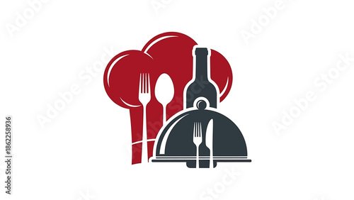 Culinary vector graphic with chef hat, wine bottle, and silverware, ideal for restaurant logos and food service branding