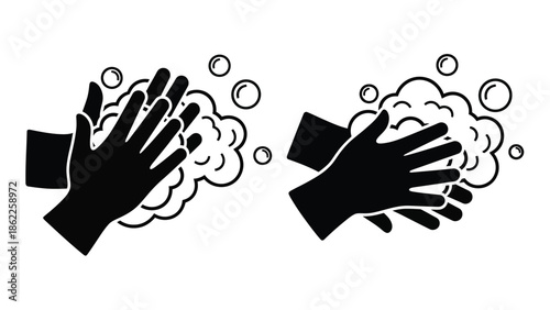 A simple black and white illustration depicting proper handwashing technique with bubbles and clean hands shown twice
