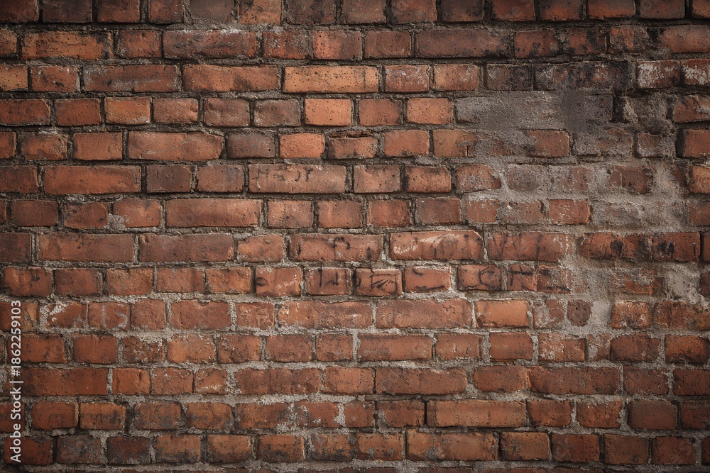 Obraz premium Aged red brick wall with patchy mortar and graffiti marks