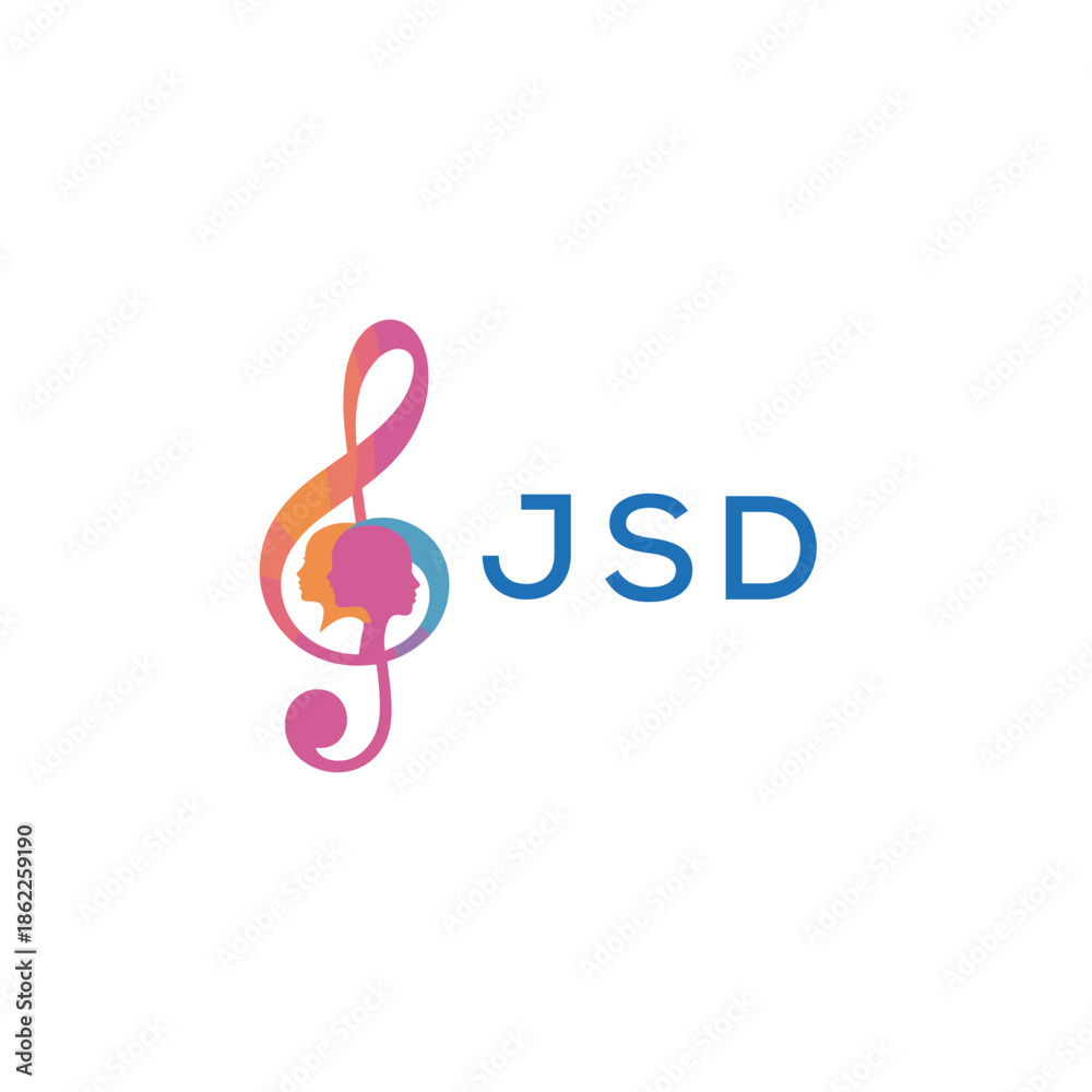 Fototapeta premium “Creative music logo with human silhouettes and treble clef in gradient colors, JSD Later Logo, modern artistic design isolated on white background” 
