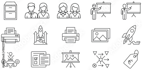 A collection of business and office icons in a simple line style on a white background