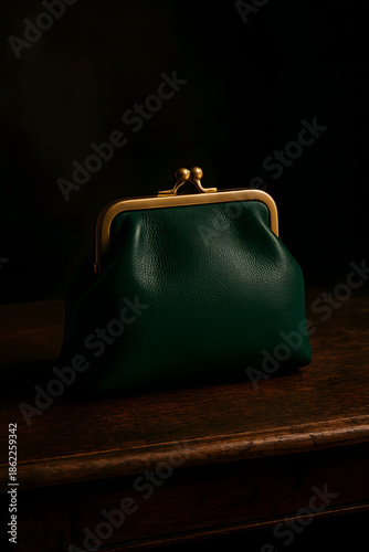 Vintage Emerald Green Leather Coin Purse with Gold Kiss-Lock Clasp - Elegant Handmade Retro Pouch, Classic Small Makeup Bag Mockup on Dark Wooden Table Surface