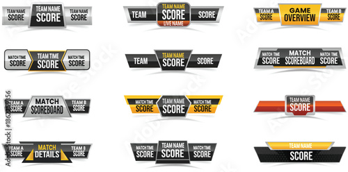 A collection of modern scoreboard labels and banners for sports and games