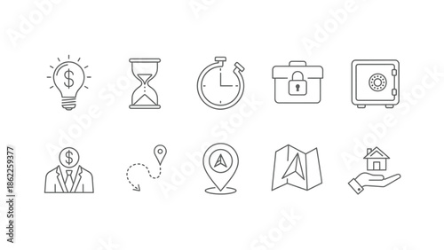 A collection of line icons representing finances time management security and important aspects of life and investment planning