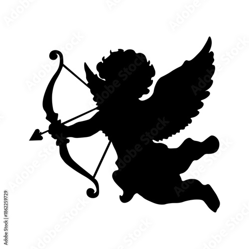 Flying cupid silhouette holding bow and arrow, isolated on transparent background. Symbol of romance and love for Valentine’s Day, weddings and romantic graphic designs.