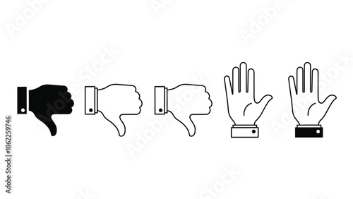 A series of monochrome hand gestures depicting disapproval thumbs down and open palm symbols against a white backdrop