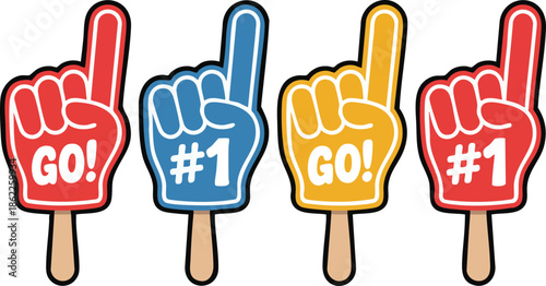 Fan foam hands number one set. Vector illustration of sports fan finger gloves with #1 sign. Collection of red, blue, green, black icons for game support. Winner champion concept.
