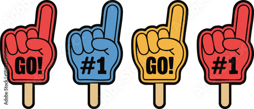 Fan foam hands number one set. Vector illustration of sports fan finger gloves with #1 sign. Collection of red, blue, green, black icons for game support. Winner champion concept.