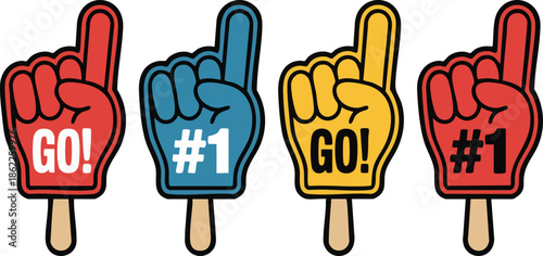 Fan foam hands number one set. Vector illustration of sports fan finger gloves with #1 sign. Collection of red, blue, green, black icons for game support. Winner champion concept.