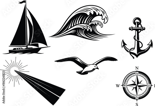 Black bold sailboat wave anchor beam seagull compass nautical vector pack no gradients marine badge set