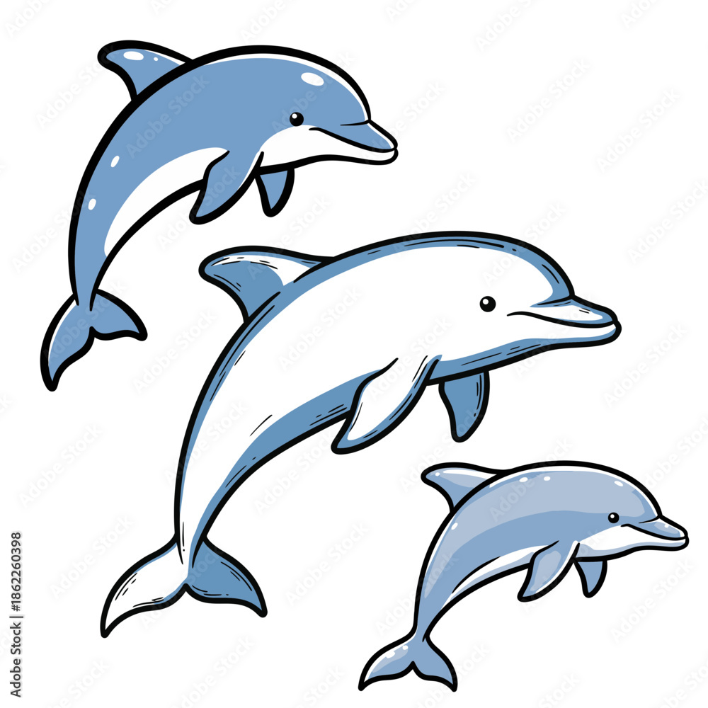 Obraz premium Playful Blue Dolphins Illustration - A Trio of Marine Mammals Surfacing and Swimming in a Light Blue Watery Environment with Simple Cartoon Style