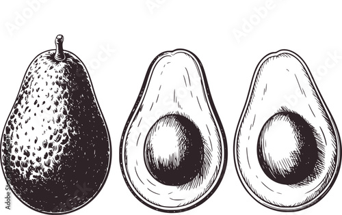 Hand drawn black and avocado whole and halved