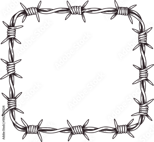 Hand drawn barbed wire frame in black and outline style
