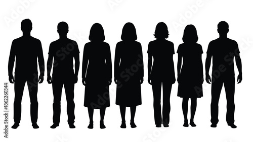 A row of black silhouettes depicting seven people of varying heights and hairstyles standing side by side