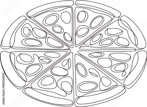 Minimalist black and line pizza sliced into eight equal pieces