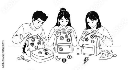 Creative young friends joyfully personalize their backpacks, adding unique patches and badges with scissors, glue, and iron, fostering individuality and expressing personal style through DIY fashion