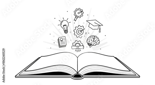 Illustration of an open book with educational icons emerging, symbolizing knowledge, learning, innovation, and cognitive development in a conceptual graphic design