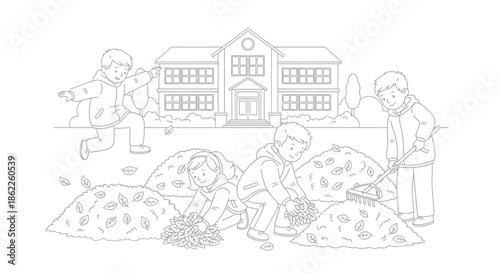 Children playfully raking and jumping into piles of autumn leaves in front of a school building during a sunny fall day