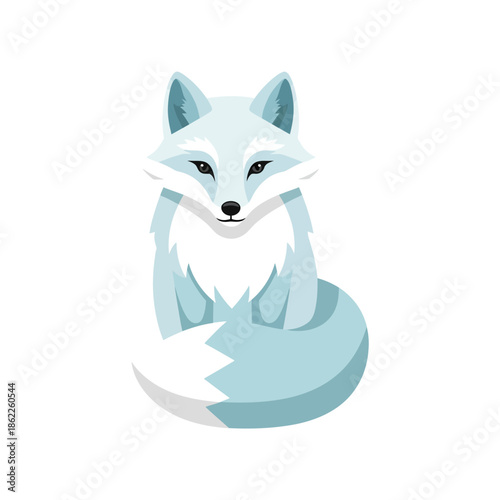 Illustration of a blue and white cartoon fox sitting curled up.