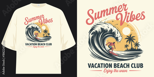 summer vibes vacation beach club enjoy the wave surfer riding big ocean wave tropical beach retro vintage sunset scene t shirt design vector illustration artwork
