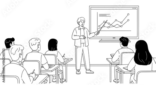 Illustrator creating an engaging educational presentation displaying a growth chart on a large screen to an attentive audience of students seated at desks in a classroom setting