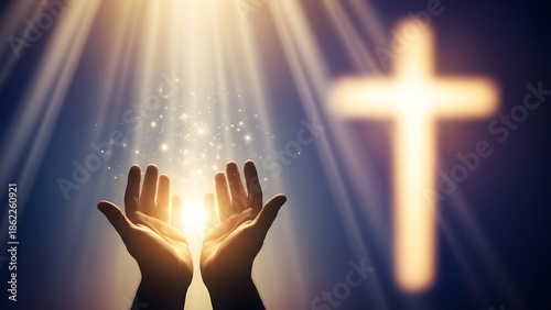 Hands raised in reverence towards a glowing cross with radiant light and divine aura