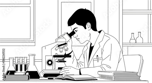 Engaged young scientist meticulously peers through a powerful microscope, delving into the fascinating world of microbiology and conducting crucial experiments in a well-equipped lab