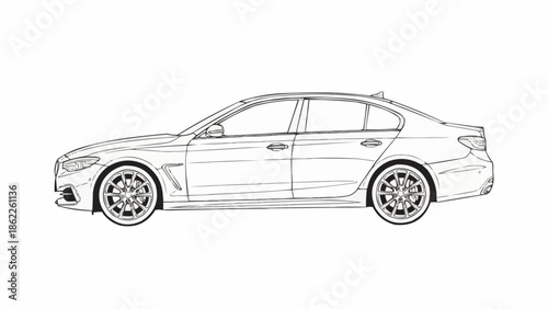 Detailed Line Art of a Modern Sedan Car.