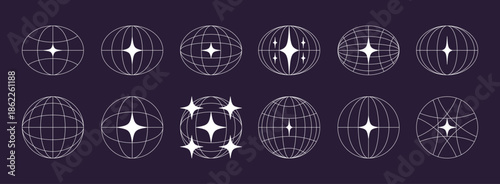 World globe retro grids in oval and round form with stars icons set. earth latitude and longitude line grid. futuristic design elements.