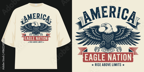 america eagle nation rise above limits patriotic bald eagle flag symbol freedom vintage graphic t shirt design vector illustration artwork
