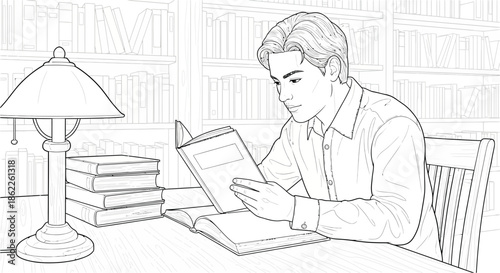 A man reading a book at a desk with a lamp and books in the background