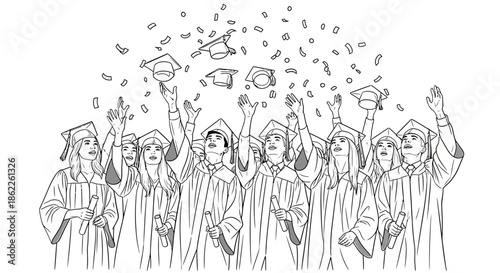 An ecstatic group of academic achievers joyously celebrates their monumental graduation milestone, tossing caps into the sky with vibrant confetti showers