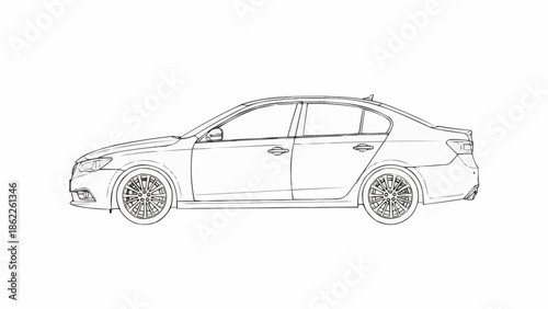 Detailed Line Art of a Modern Sedan Car.
