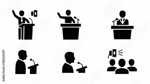 Silhouettes of speakers at podiums delivering speeches to audiences.