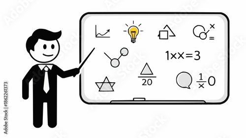 Illustration of a teacher explaining math equations on a whiteboard.