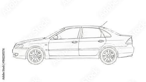 Detailed Line Art Illustration of a Sedan Car.