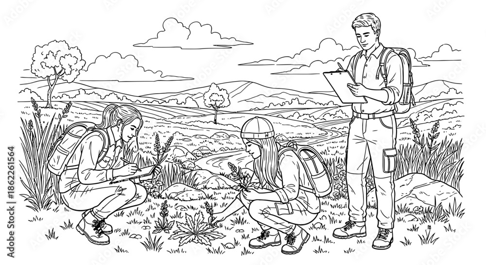 Obraz premium Soldiers in a field observing and recording their surroundings with detailed notes and sketches.