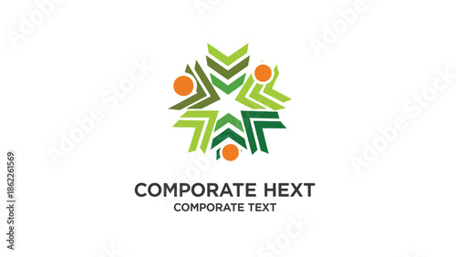 A vibrant logo design features abstract figures surrounding a starburst shape complemented by corporate text below it