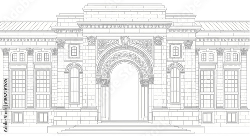 Ornate Building Facade with Central Archway and Symmetrical Windows