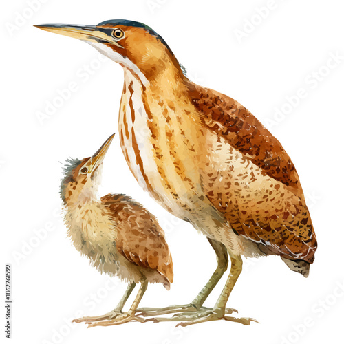 Bittern With Its Baby in watercolor painting style, vector illustration on white background.