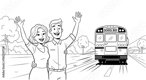 Happy smiling couple waving goodbye to a school bus on a sunny day, symbolizing the start of a new school year or a fond farewell