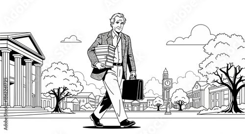A distinguished gentleman in a suit carries a stack of books and a briefcase, walking past educational buildings and a clock tower